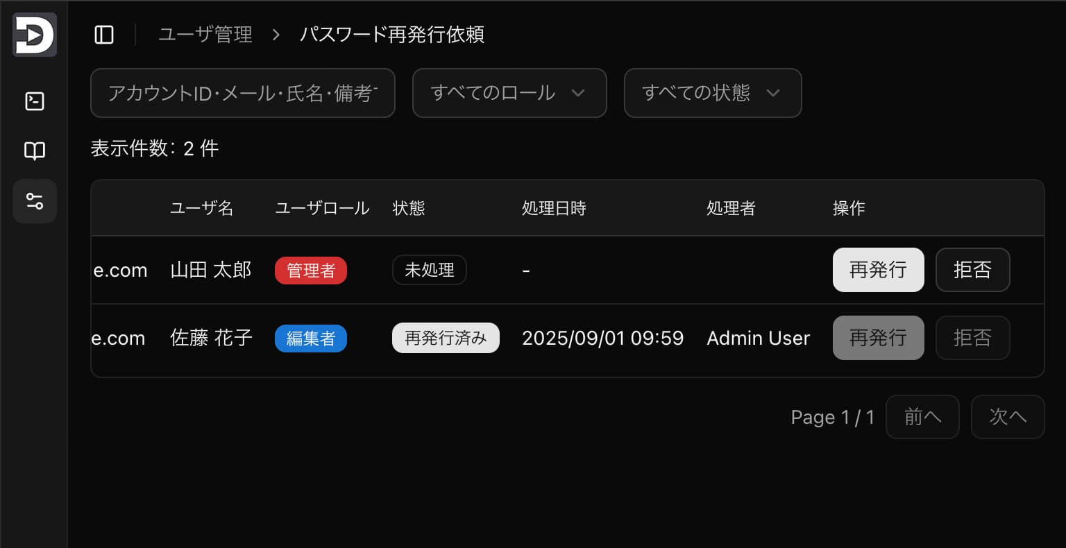 パスワード再発行画面