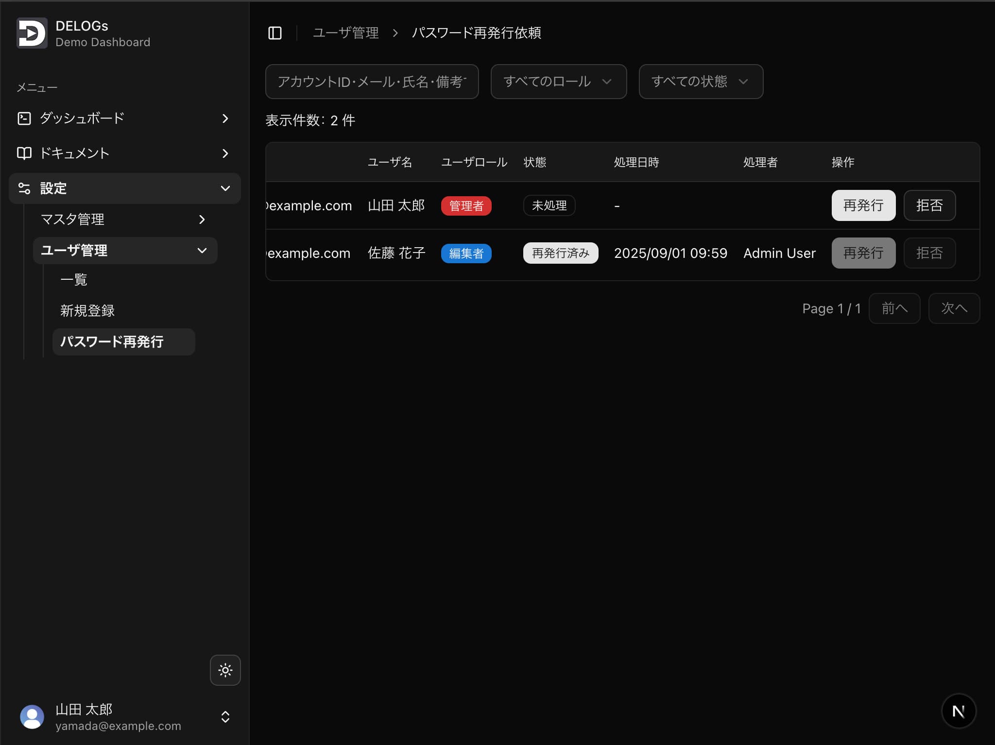 パスワード再発行画面