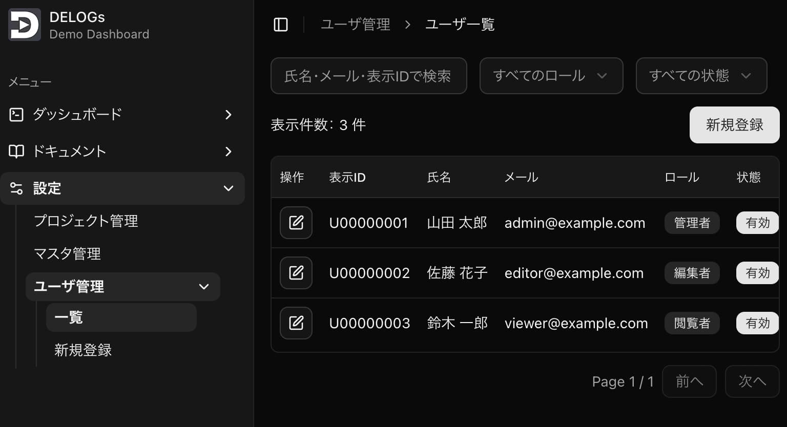 メニューと同期のとれたユーザ管理画面