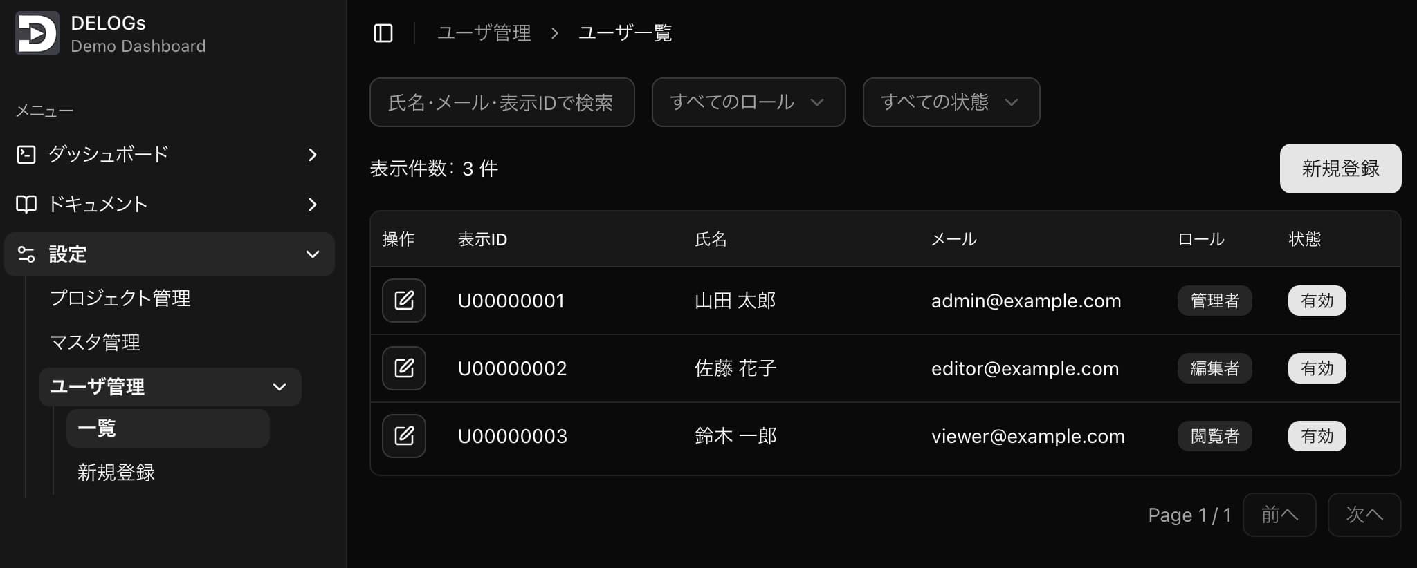メニューと同期のとれたユーザ管理画面
