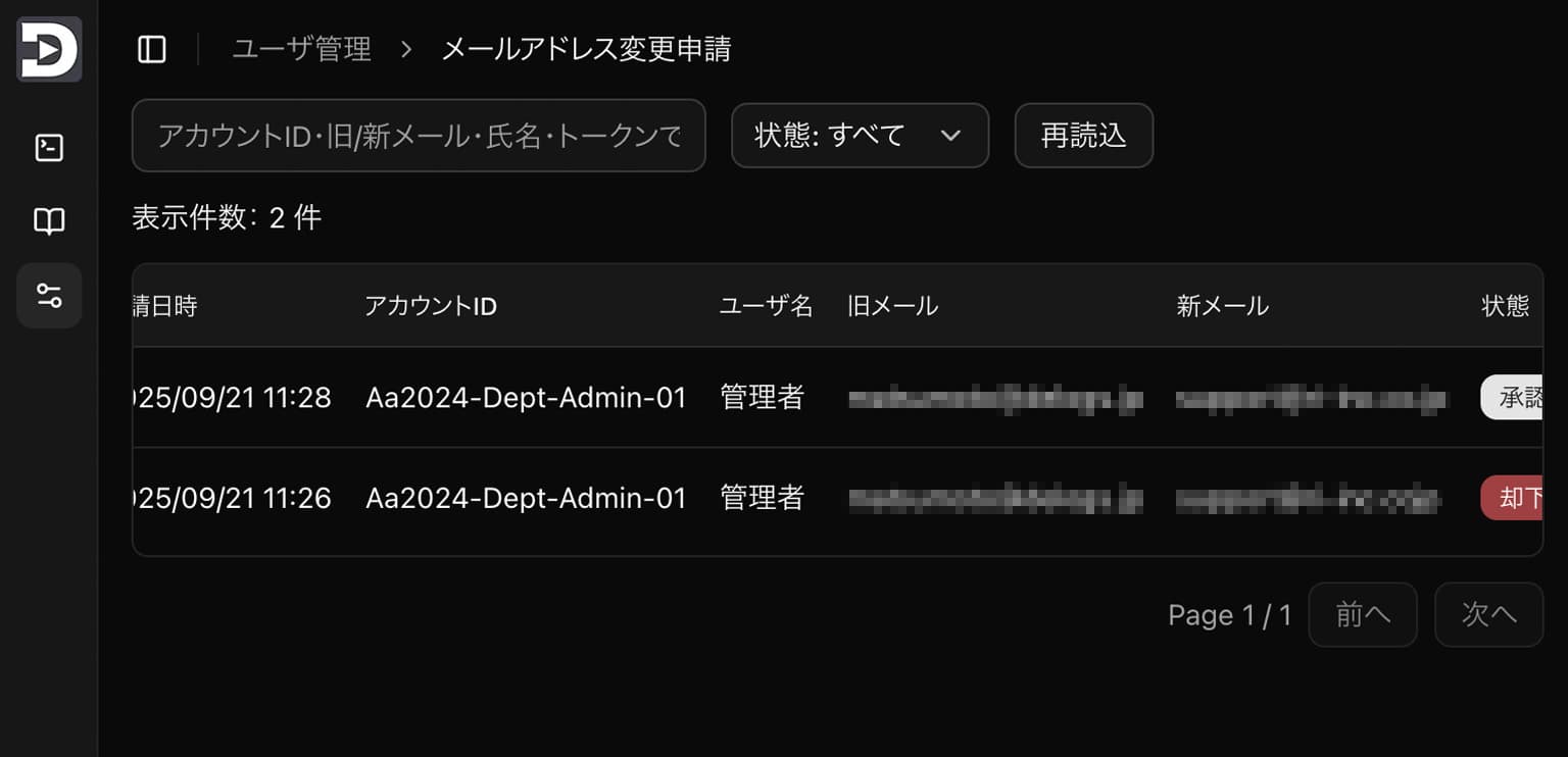 メールアドレス変更の承認画面