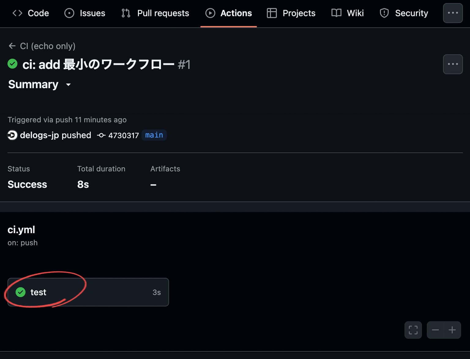 プッシュしたリポジトリのActions画面のコミットの詳細