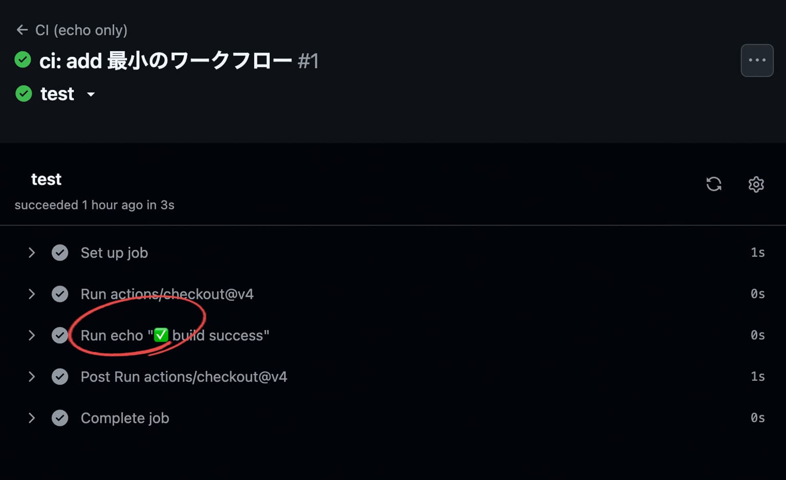 プッシュしたリポジトリのActions画面のコミットの詳細