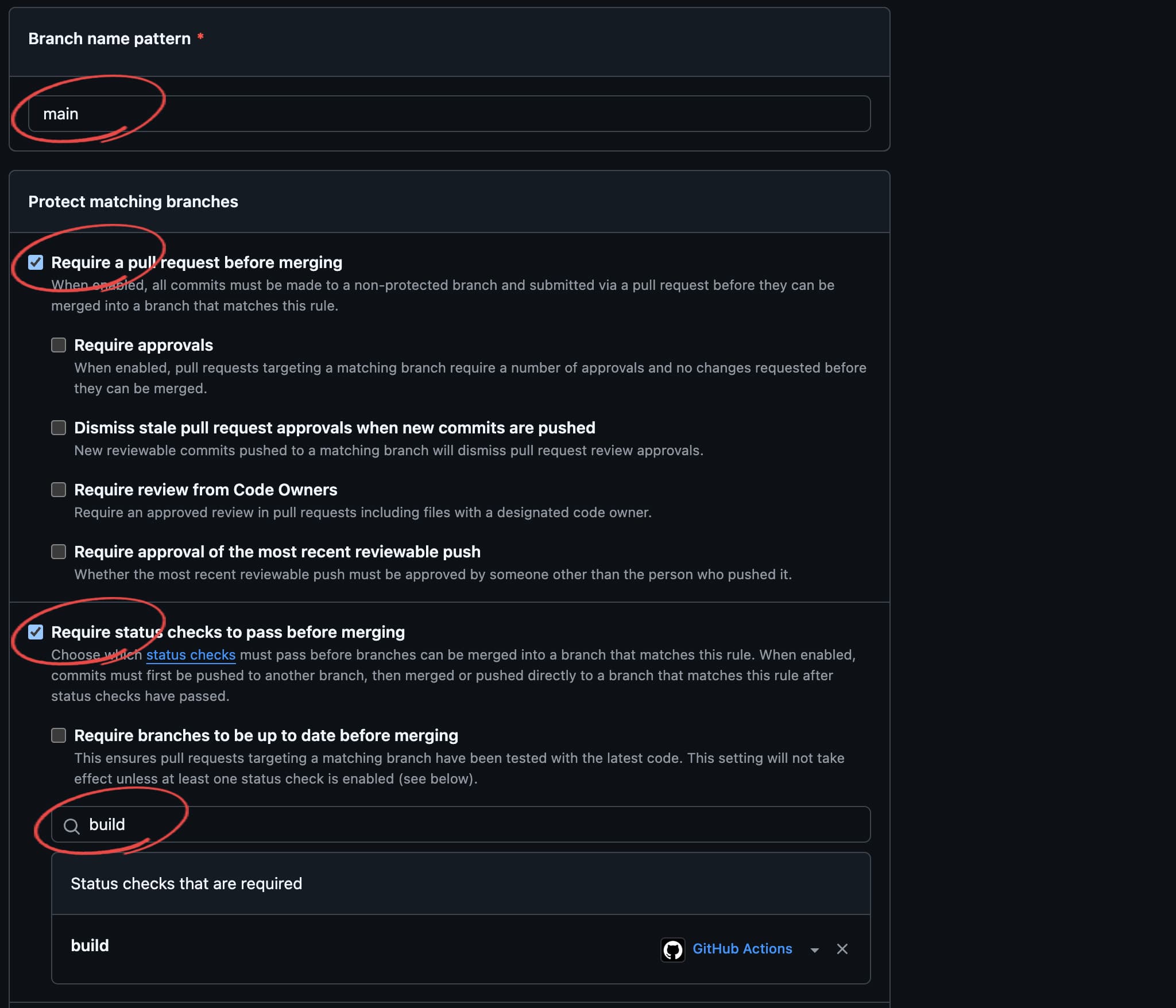 GitHubの対象リポジトリのブランチの保護設定の画面