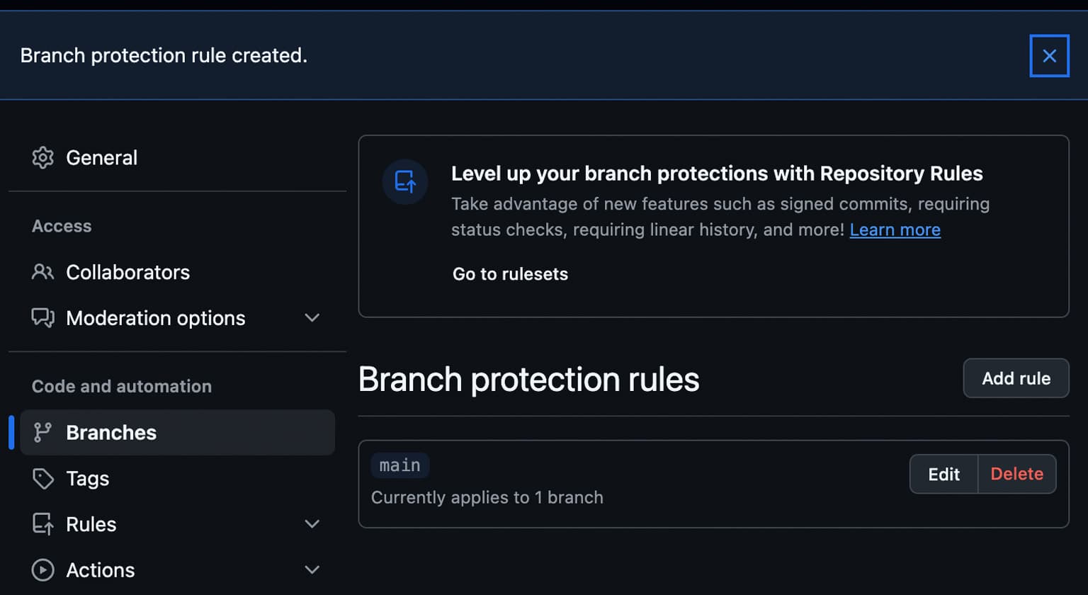 GitHubの対象リポジトリのブランチの保護設定が完了した後の画面