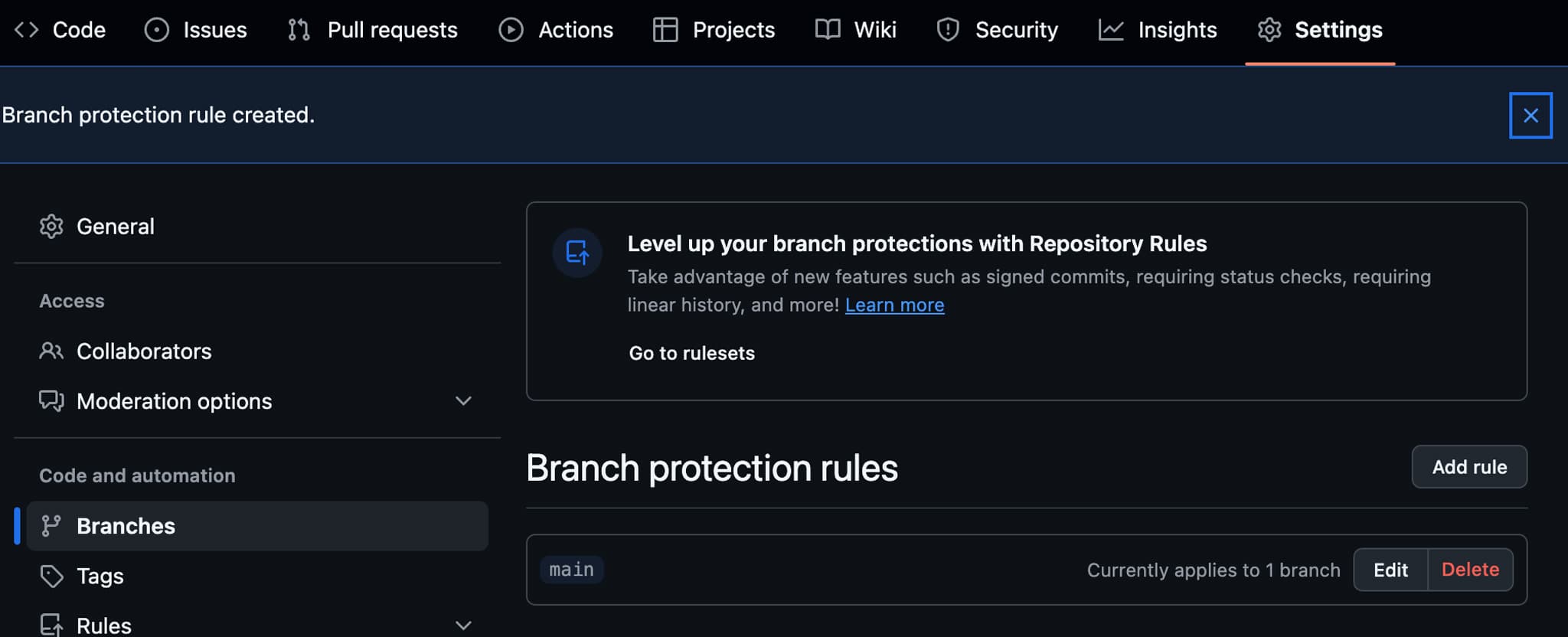 GitHubの対象リポジトリのブランチの保護設定が完了した後の画面