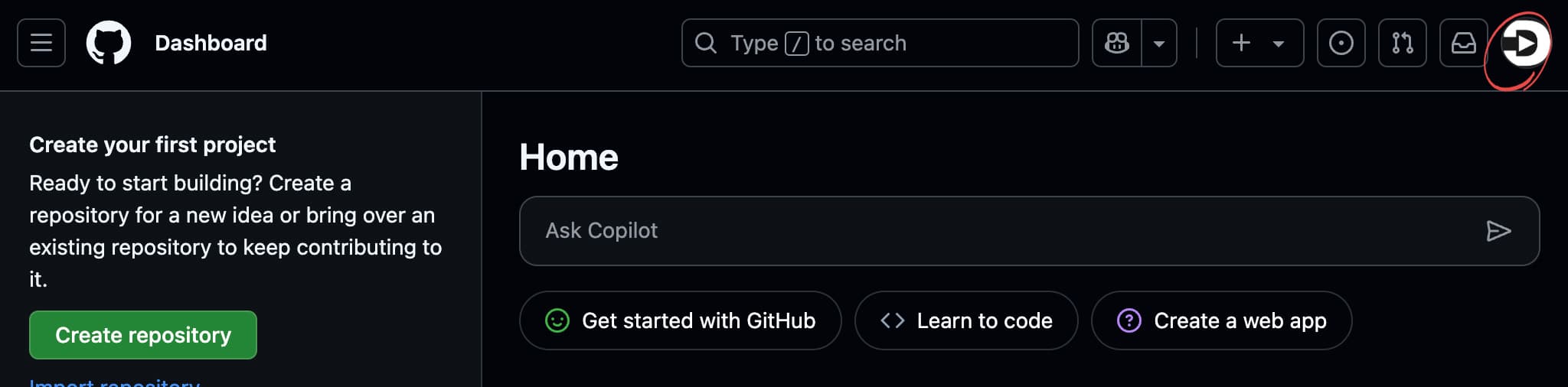 GitHub管理画面の右上のアイコン