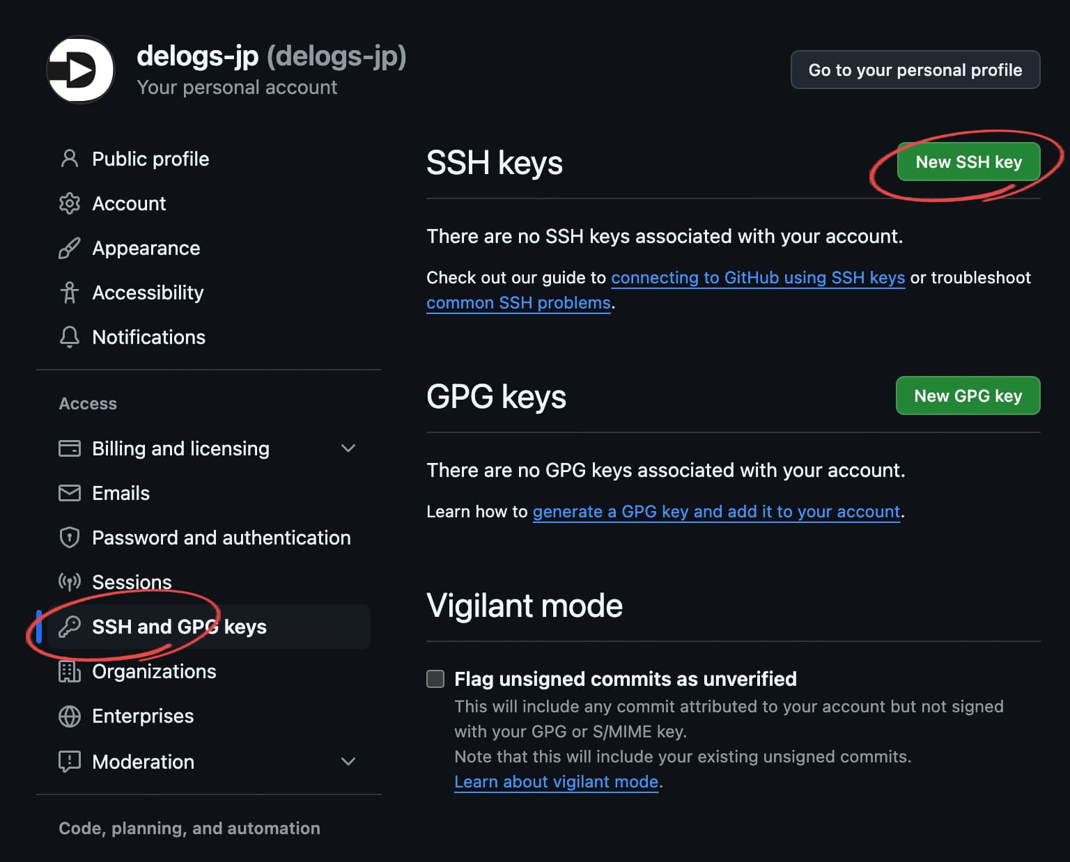 GitHub管理画面のアカウント設定メニューのSSHキーメニュー