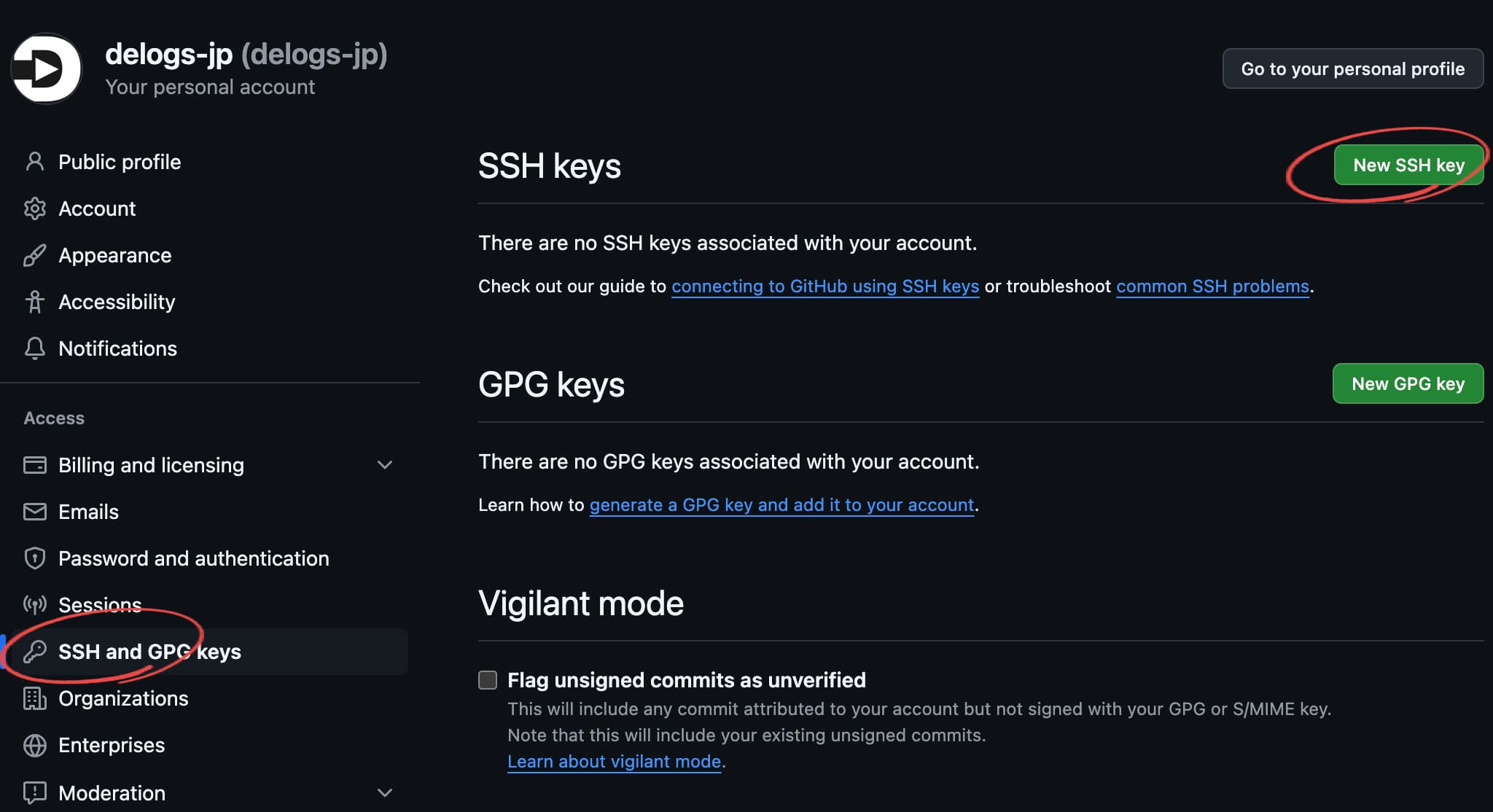 GitHub管理画面のアカウント設定メニューのSSHキーメニュー